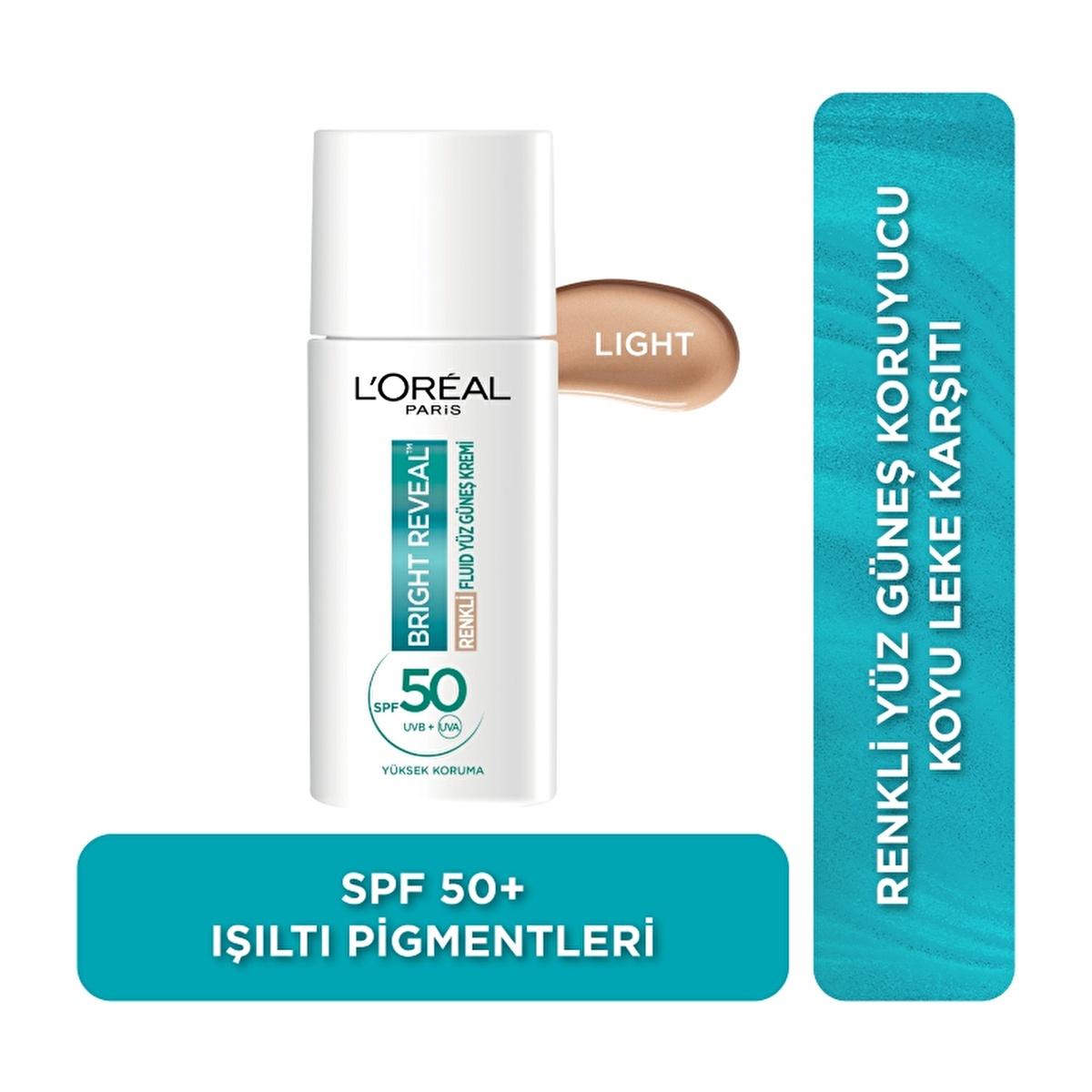 L'Oreal Paris Bright Reveal SPF 50+ Sunscreen Fluid Light shade in white bottle with teal label on Tampa Home & Garden Store