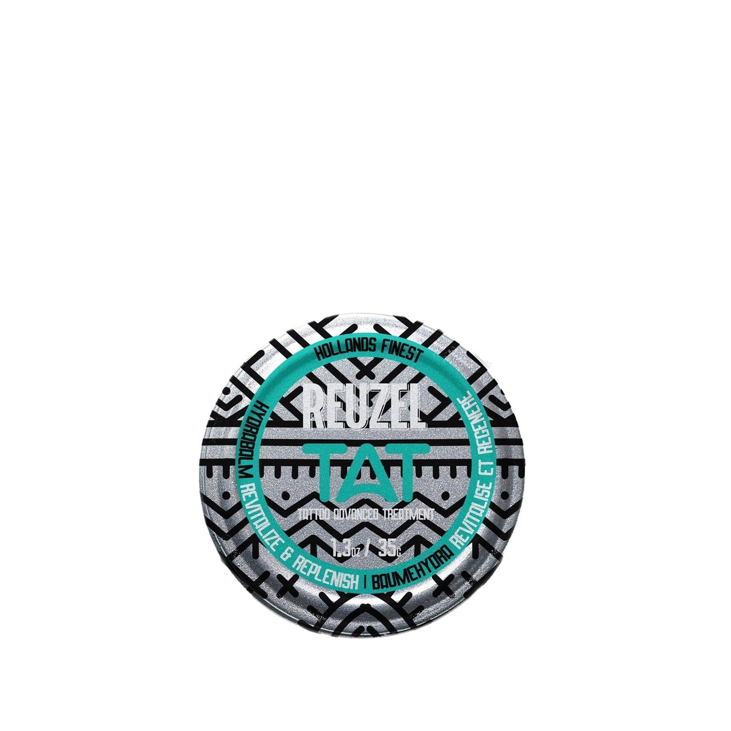 Beard balm tin by Reuzel with turquoise ring and bold geometric black-white pattern on Tampa Home & Garden Store