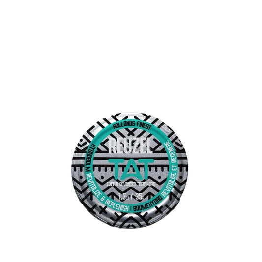 Beard balm tin by Reuzel with turquoise ring and bold geometric black-white pattern on Tampa Home & Garden Store