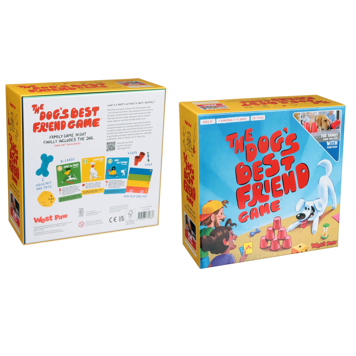 The Dog's Best Friend Game board game by West Paw, two yellow and blue boxes shown on Tampa Home & Garden Store