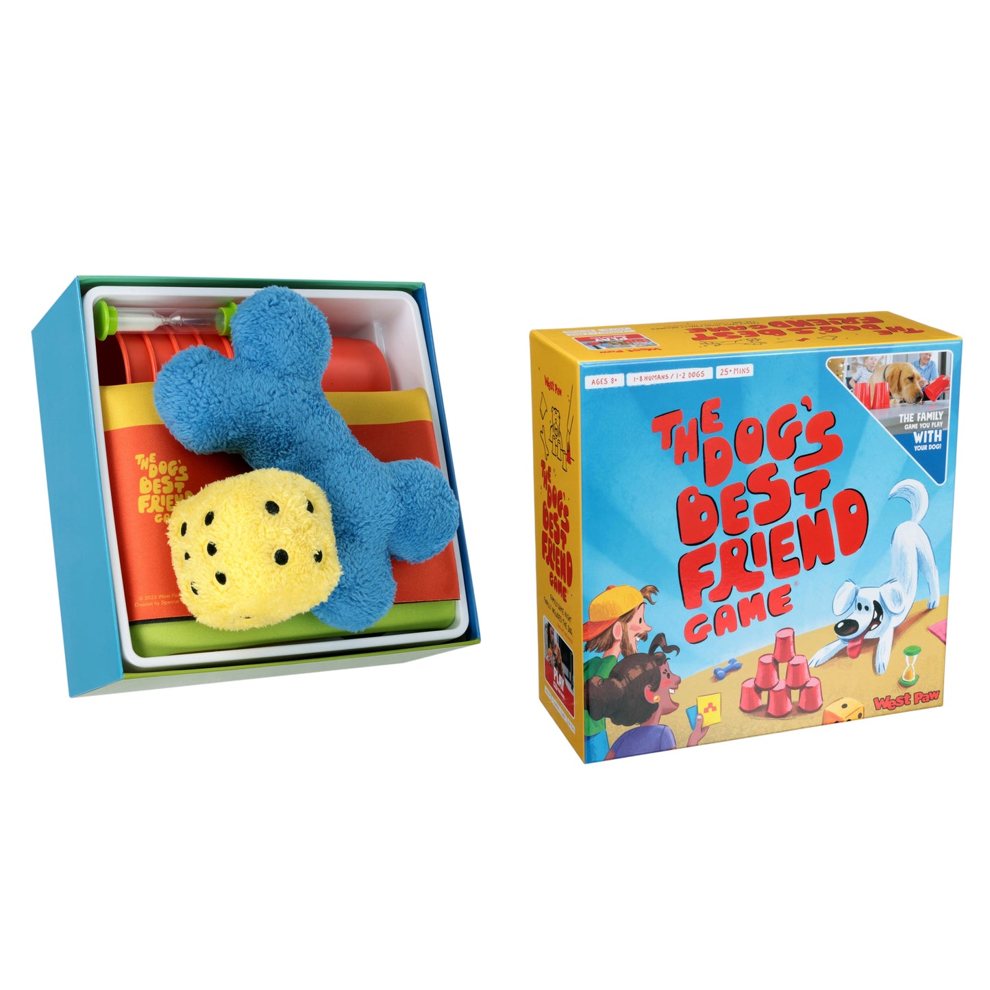 The Dog's Best Friend Game board game by West Paw in a blue box with two blue and yellow plush dogs on Tampa Home & Garden Store