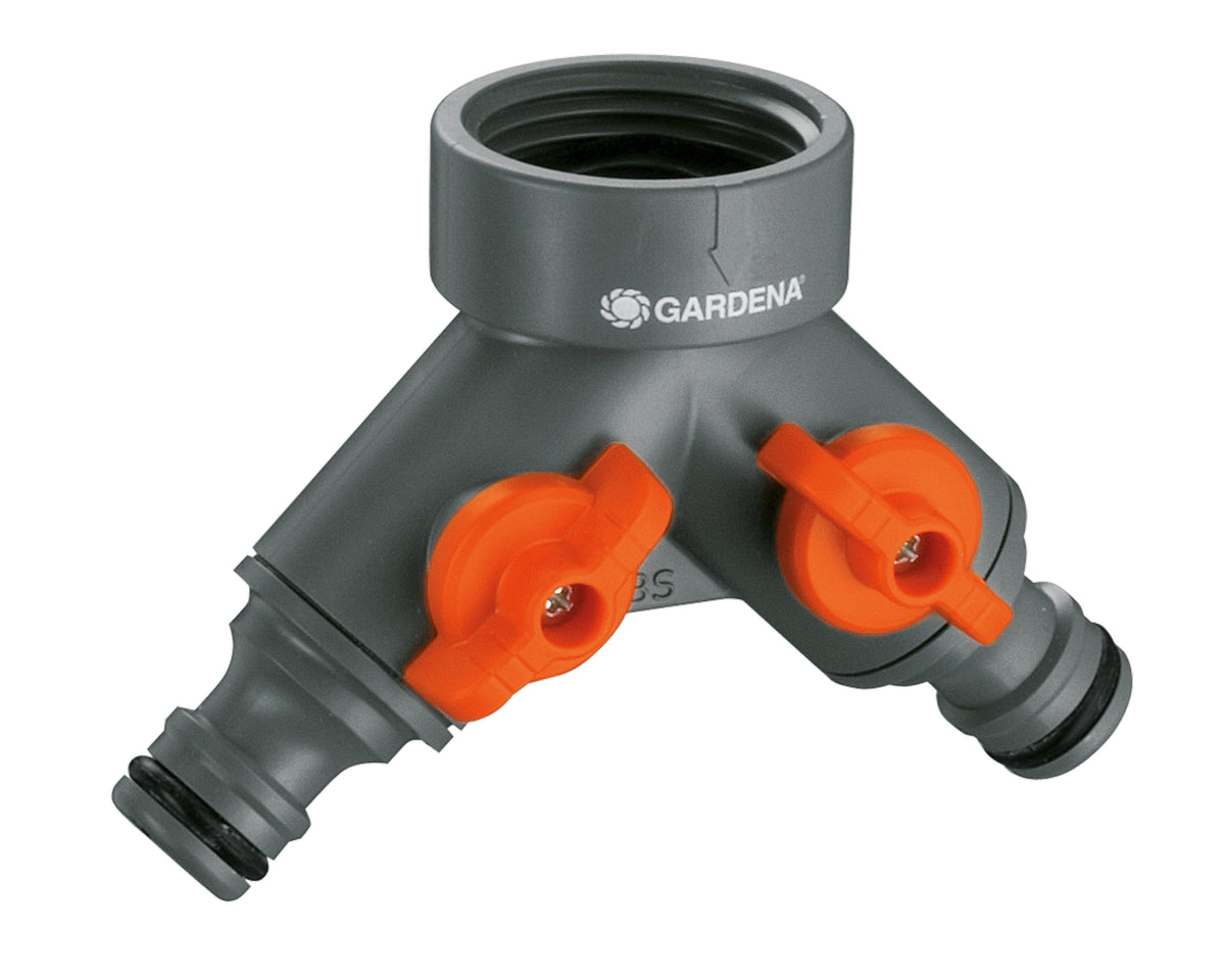 Twin-Tap Connector 26,5 mm G 3/4 Gardena two-way hose splitter with orange valve handles on Tampa Home & Garden Store