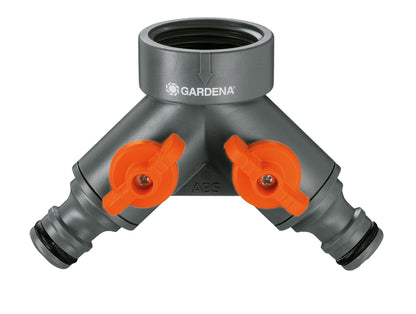 Gardena twin-tap connector 26.5 mm G 3/4 garden hose splitter with dual orange valve levers on Tampa Home & Garden Store