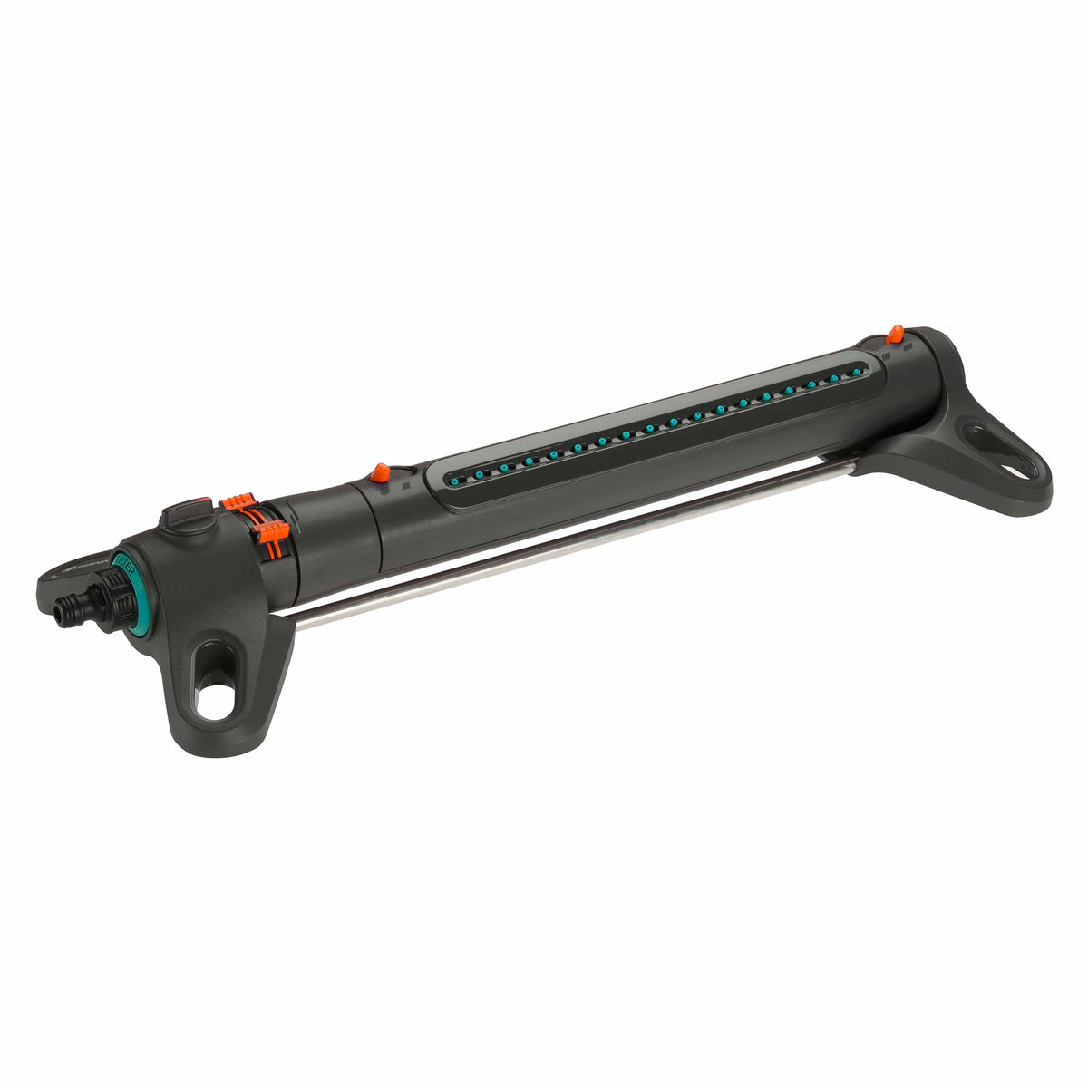 AquaZoom Oscillating Sprinkler Gardena with adjustable spray bar and teal nozzles on Tampa Home & Garden Store