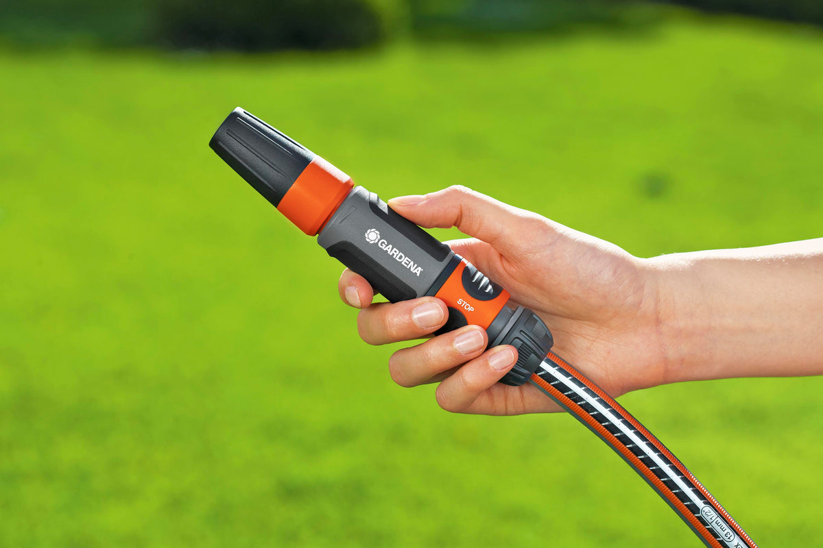 Gardena Water Stop 13 mm–15 mm quick-connect hose coupler in orange and gray on Tampa Home & Garden Store