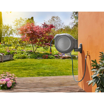 Gardena retractable hose reel 50 ft gray housing with blue hose, wall-mount unit on Tampa Home & Garden Store