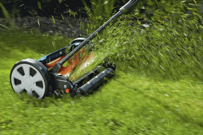 Cylinder Lawnmower Classic 400 Gardena walk-behind mower teal frame cutting grass on Tampa Home & Garden Store