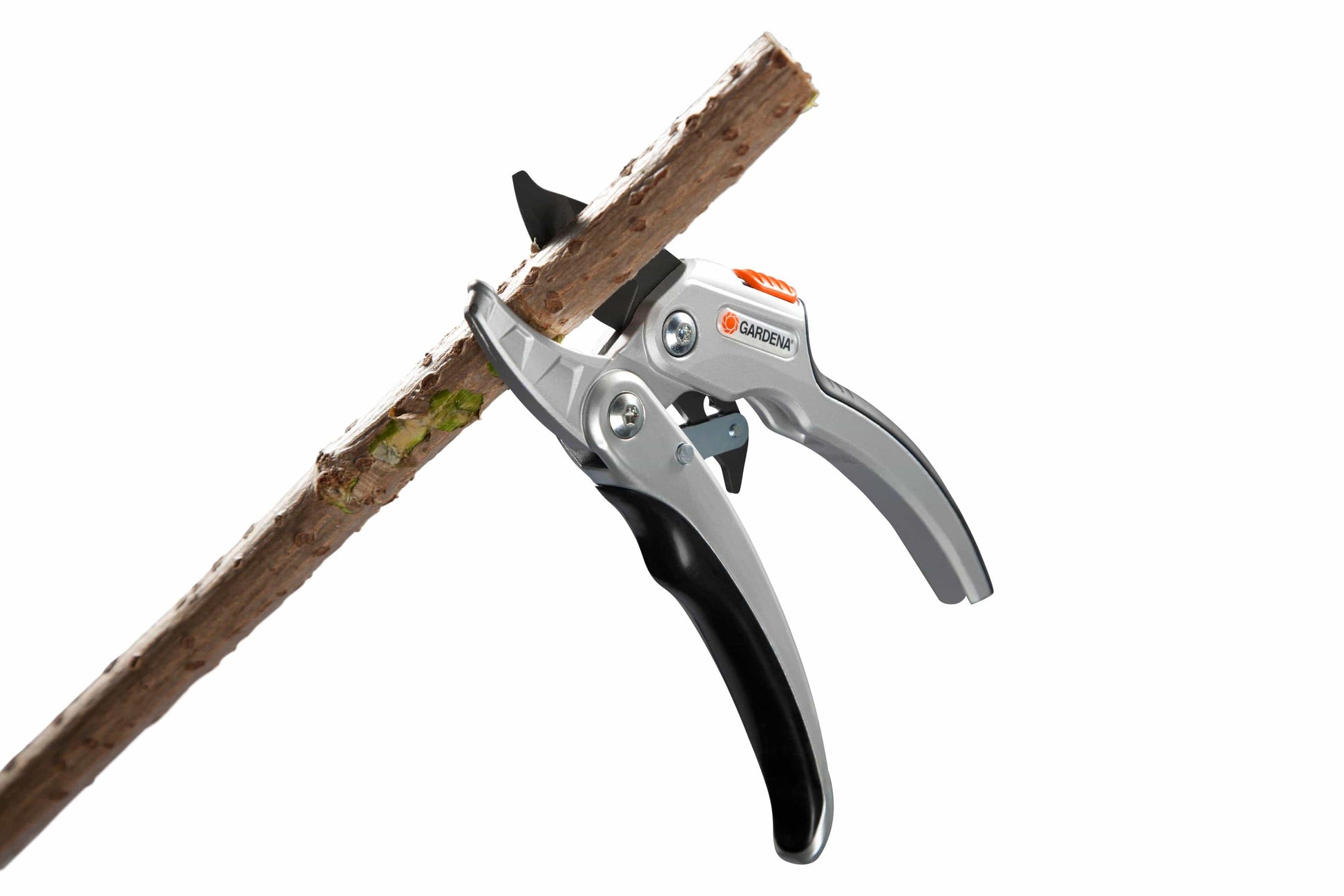 Ratchet Secateurs SmartCut Comfort by Gardena gray tool with orange dial cutting a branch on Tampa Home & Garden Store