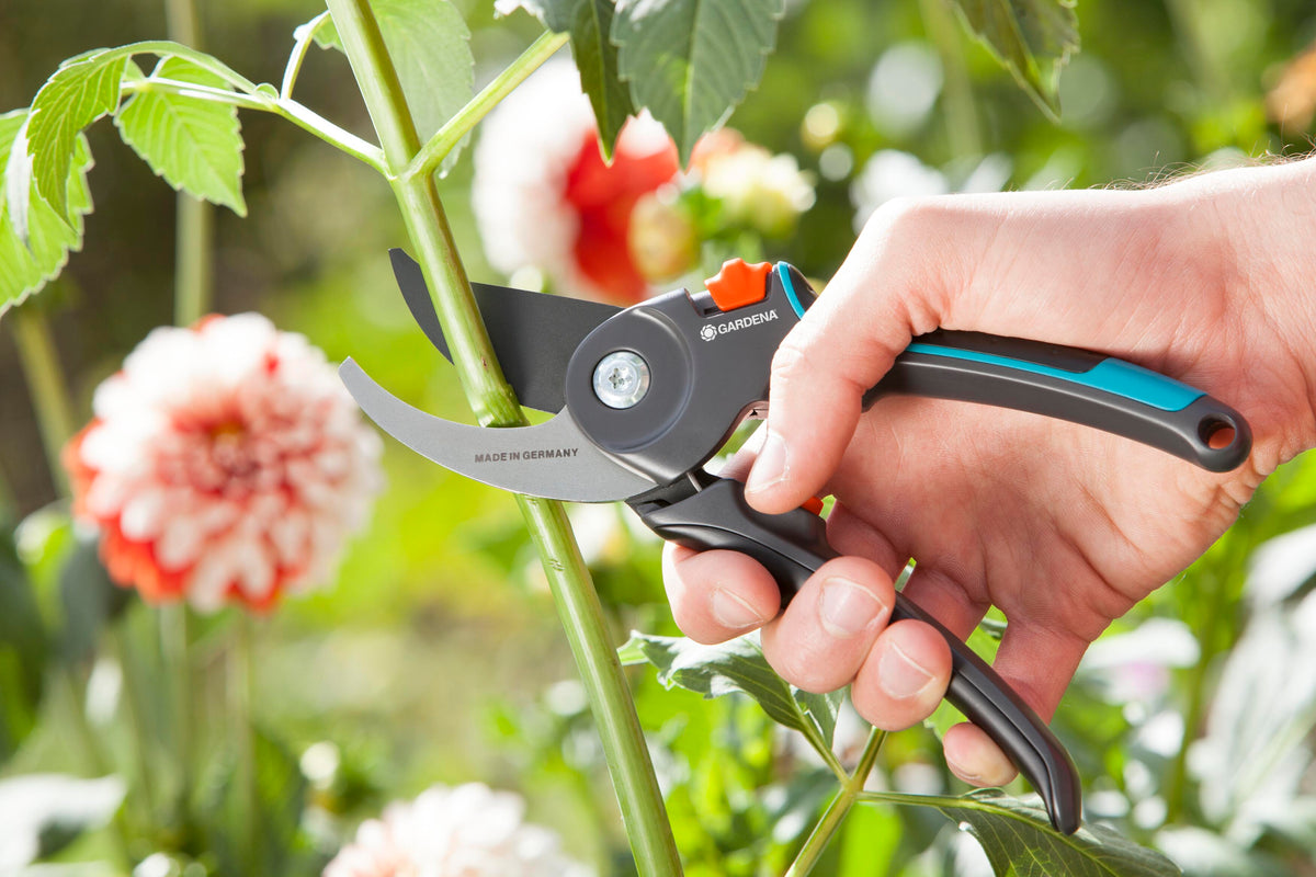 Gardena Garden Secateurs B/M grey tool with teal accents and orange lock cutting stem on Tampa Home & Garden Store