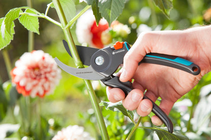Gardena Garden Secateurs B/M grey tool with teal accents and orange lock cutting stem on Tampa Home & Garden Store
