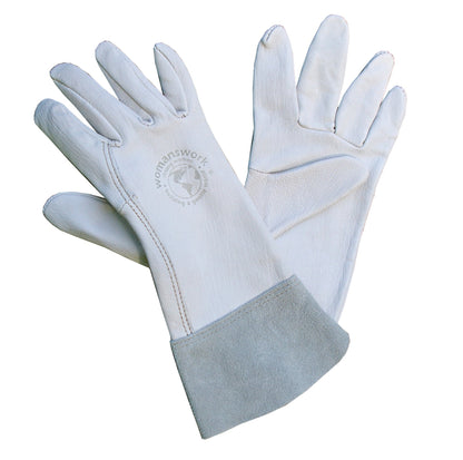 The Gardeners' Goatskin Glove by Womanswork, light gray goatskin with visible logo, 2 gloves on Tampa Home & Garden Store