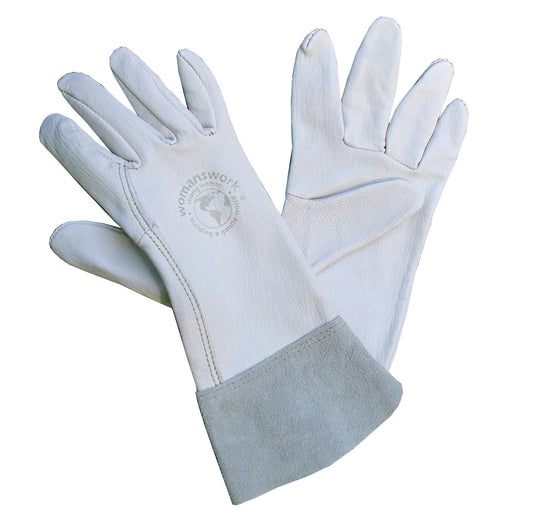 The Gardeners' Goatskin Glove by Womanswork, light gray goatskin with visible logo, 2 gloves on Tampa Home & Garden Store