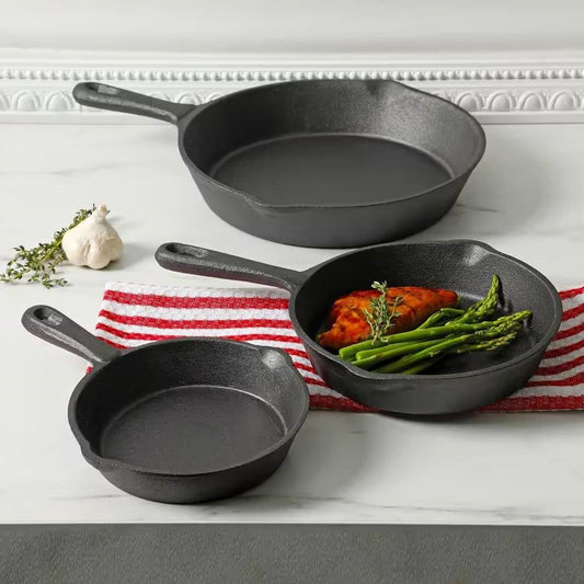 Juego de utensilios de cocina de hierro fundido de 3 piezas con sartén de 8, 6 y 10 pulgadas