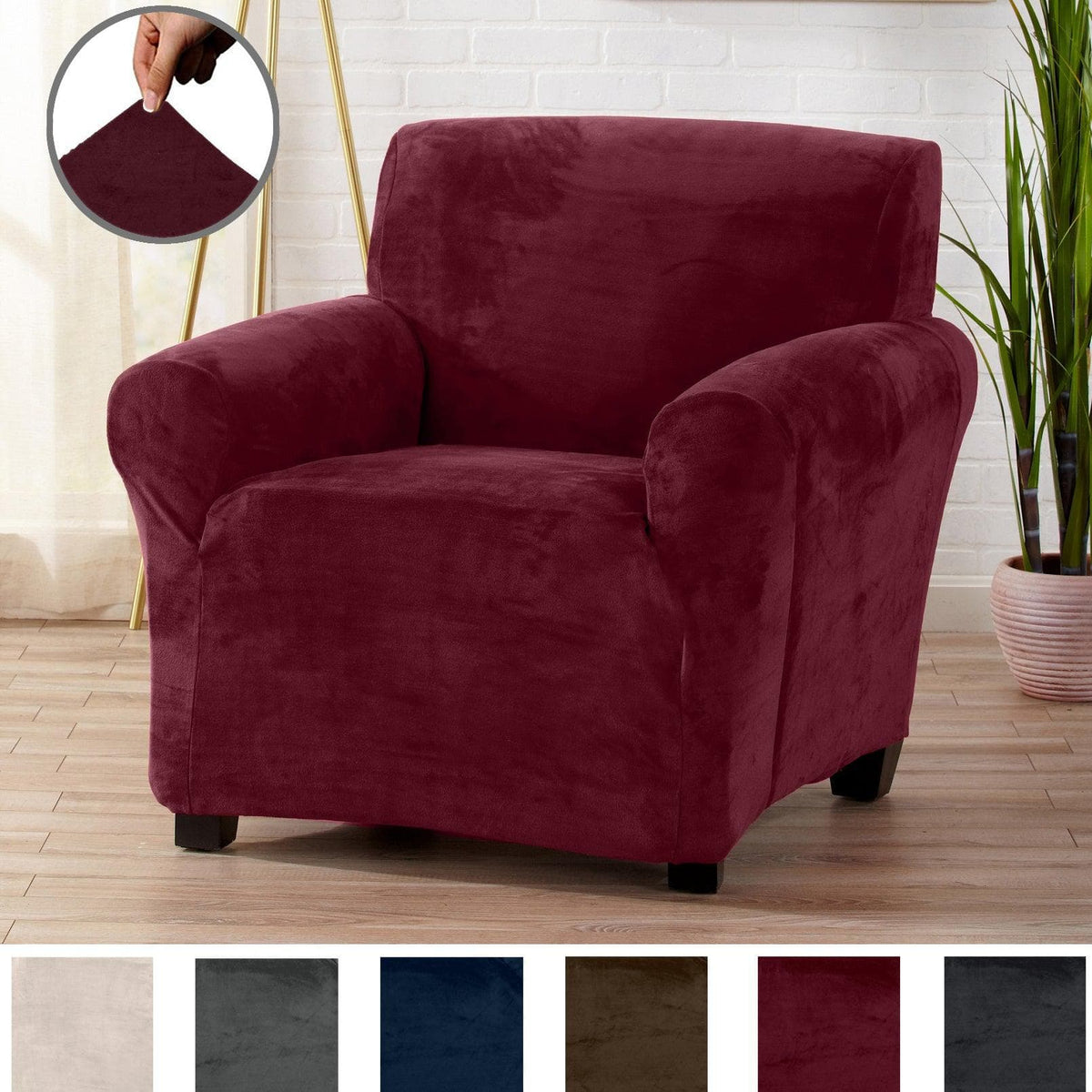 Velvet Stretch Slipcover - Gale Collection for armchair in burgundy velvet by Great Bay Home on Tampa Home & Garden Store