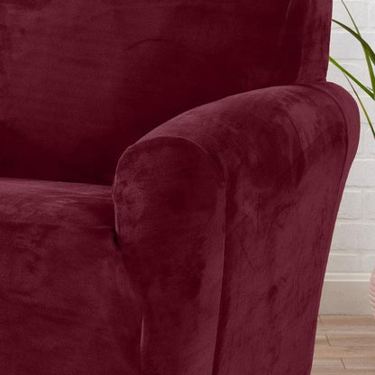 Velvet Stretch Slipcover Gale Collection burgundy velvet on armchair Great Bay Home on Tampa Home & Garden Store