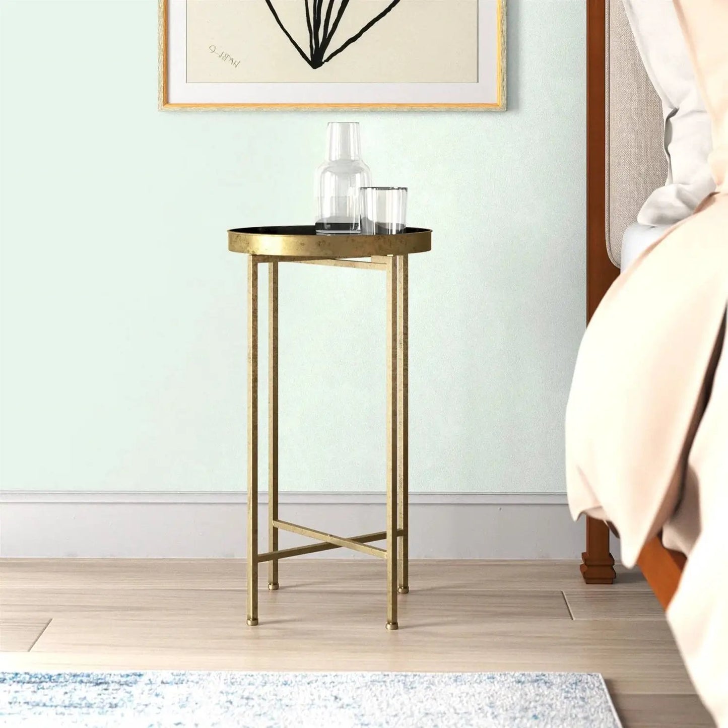 Gold Finish Metal Round Nightstand Removable Tray