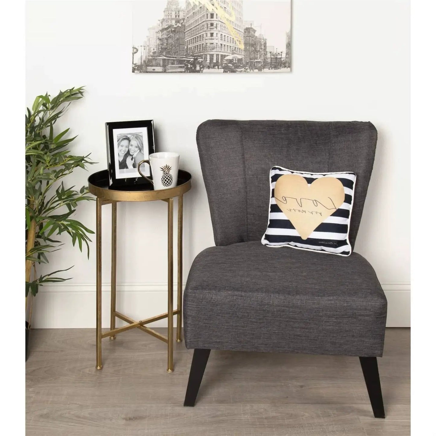 Gold Finish Metal Round Nightstand Removable Tray