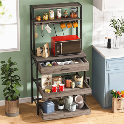 Estantería de cocina moderna gris estilo panadería con estantes extraíbles y cajón