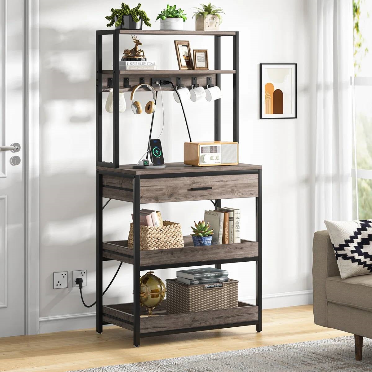 Estantería de cocina moderna gris estilo panadería con estantes extraíbles y cajón