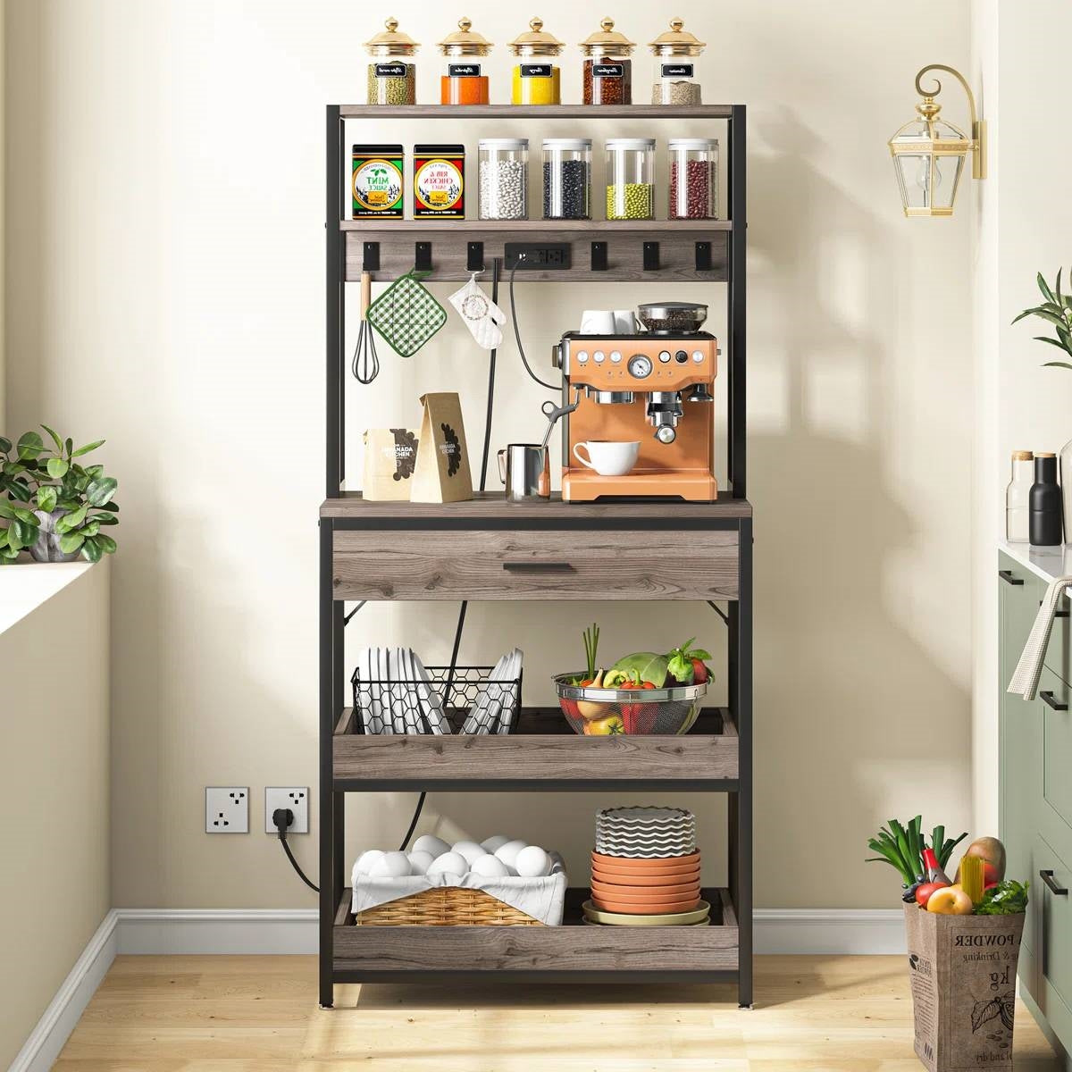 Estantería de cocina moderna gris estilo panadería con estantes extraíbles y cajón