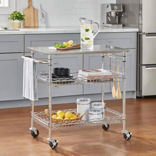 Carrito de isla de cocina con superficie de acero inoxidable y 2 estantes de almacenamiento inferiores