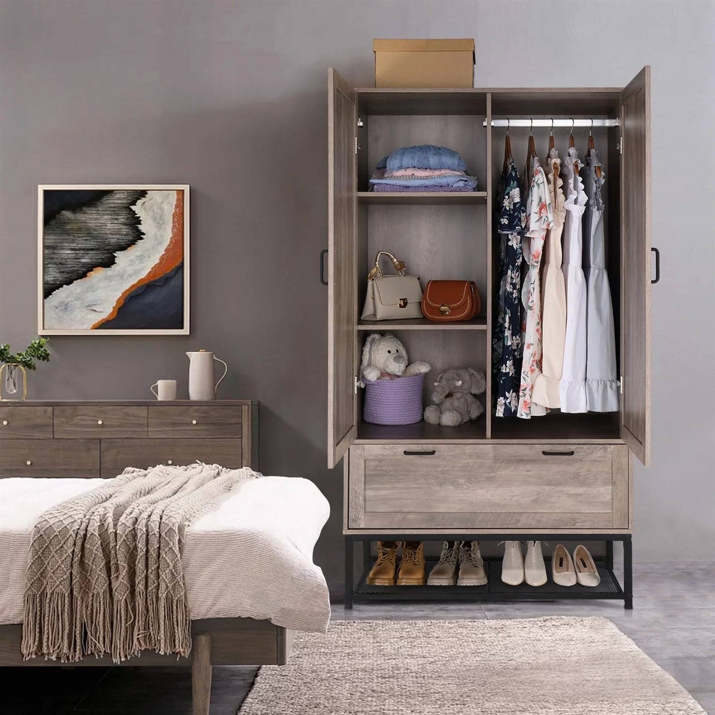 Armario ropero de dormitorio moderno de 2 puertas con zapatero en acabado gris retro