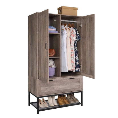 Armario ropero de dormitorio moderno de 2 puertas con zapatero en acabado gris retro
