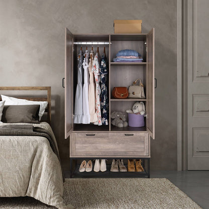 Armario ropero de dormitorio moderno de 2 puertas con zapatero en acabado gris retro