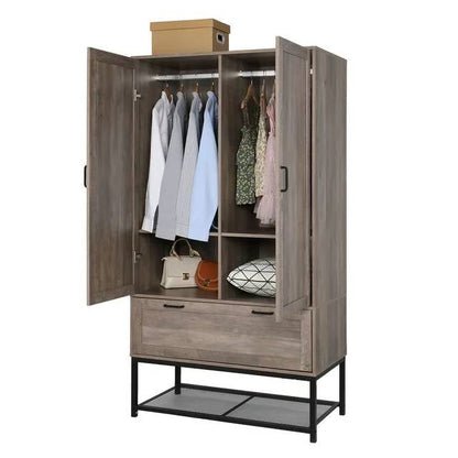 Armario ropero de dormitorio moderno de 2 puertas con zapatero en acabado gris retro