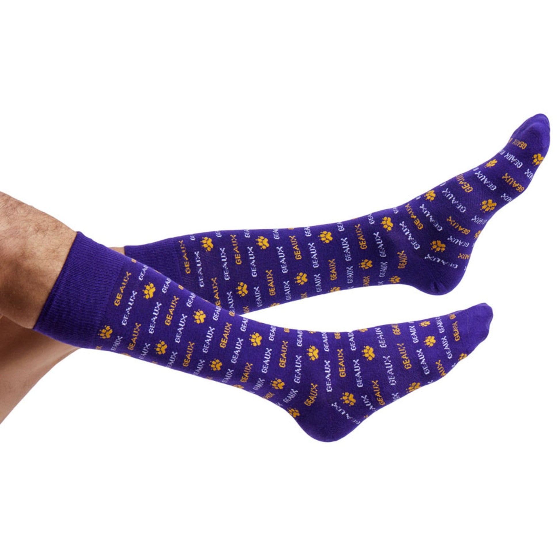 Purple Tigahs Dress Socks DeadSoxy team colorways with yellow paw prints and Geaux text pattern on Tampa Home & Garden Store