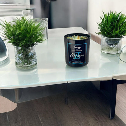 Vela de cristal del zodíaco Géminis con fluorita verde, citrino y aventurina verde | Vela de cera de coco y soja, 250 g
