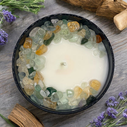 Vela de cristal del zodíaco Géminis con fluorita verde, citrino y aventurina verde | Vela de cera de coco y soja, 250 g