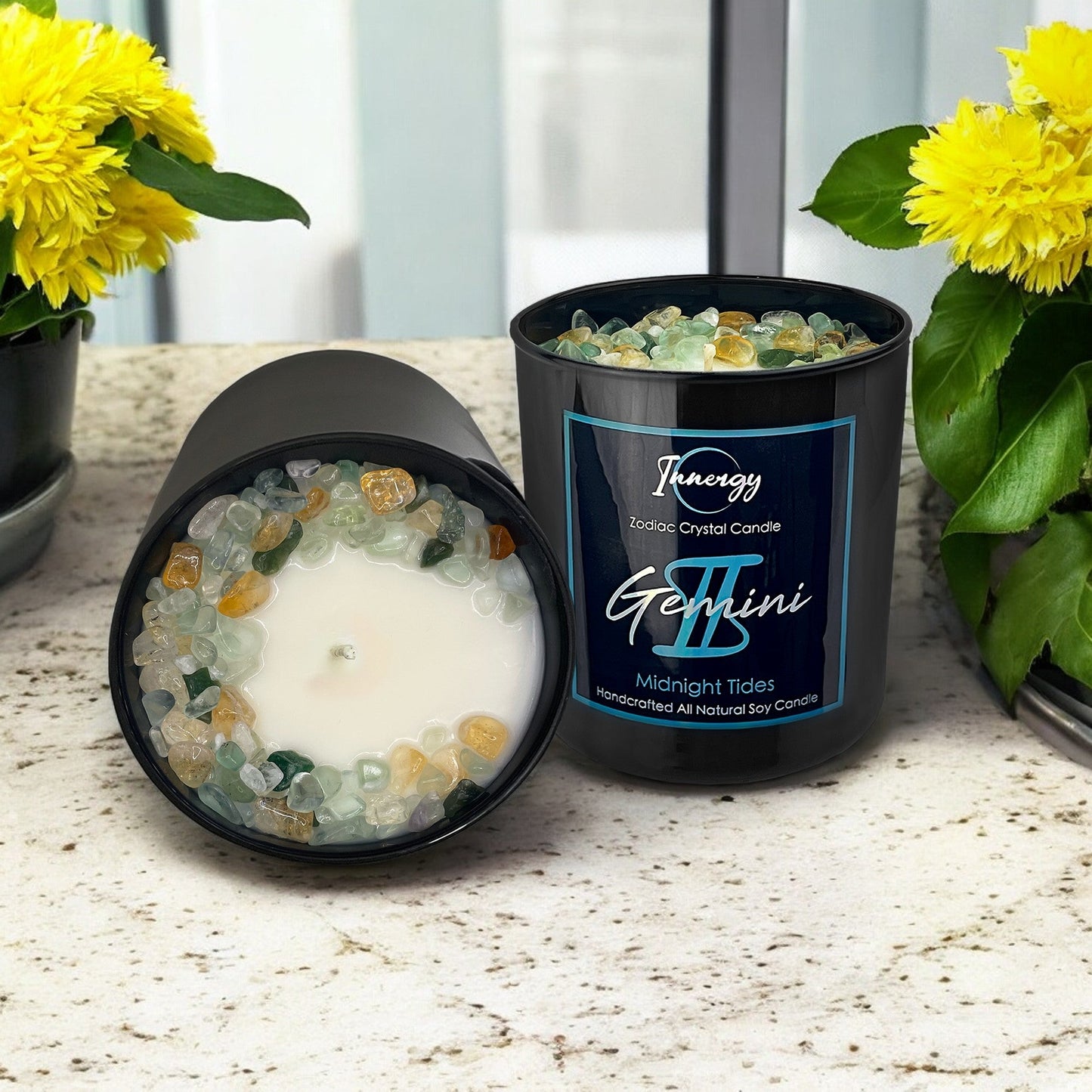 Vela de cristal del zodíaco Géminis con fluorita verde, citrino y aventurina verde | Vela de cera de coco y soja, 250 g