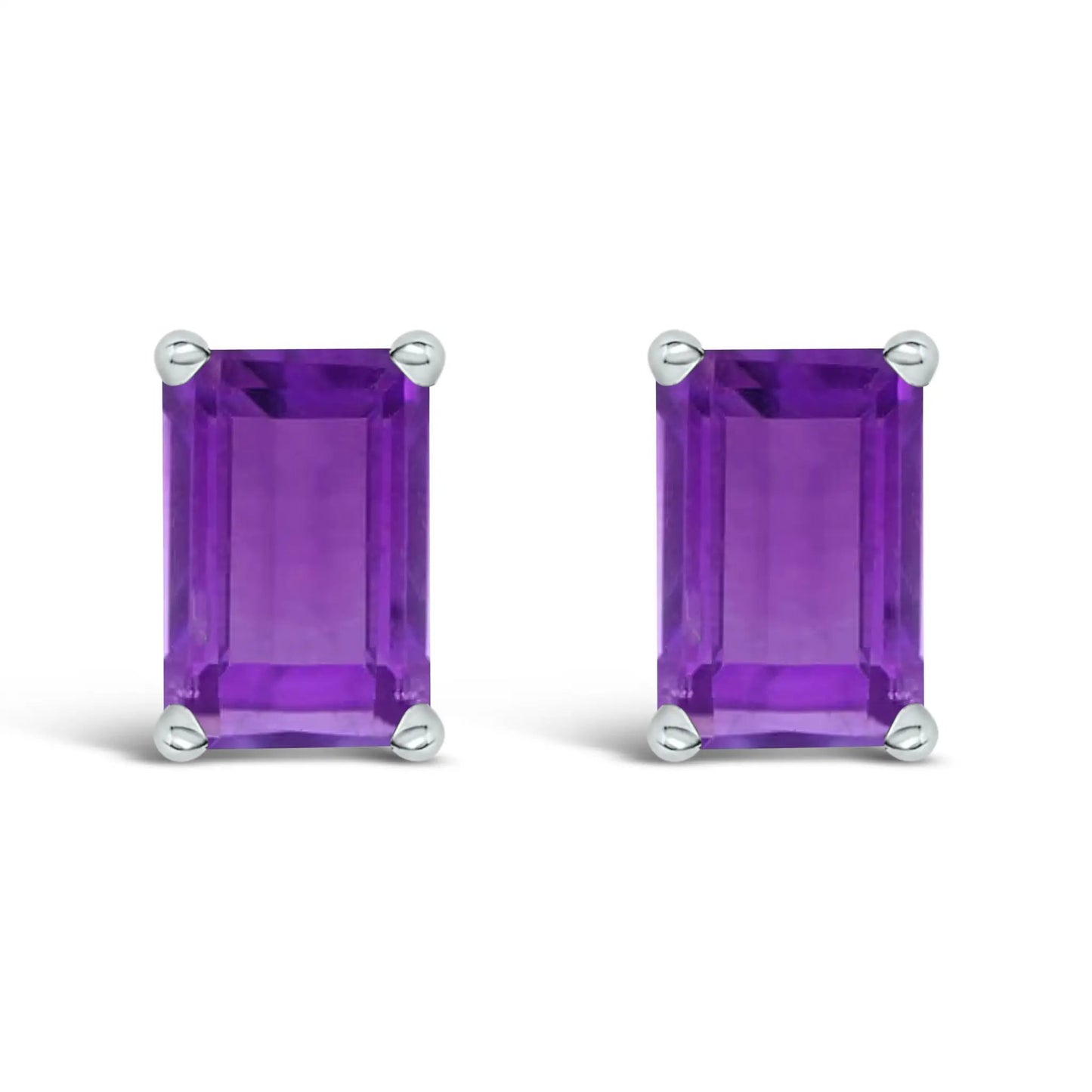 14K White Gold Emerald-Cut Amethyst Solitaire Stud Earrings pair, 6x4mm purple stones on Tampa Home & Garden Store