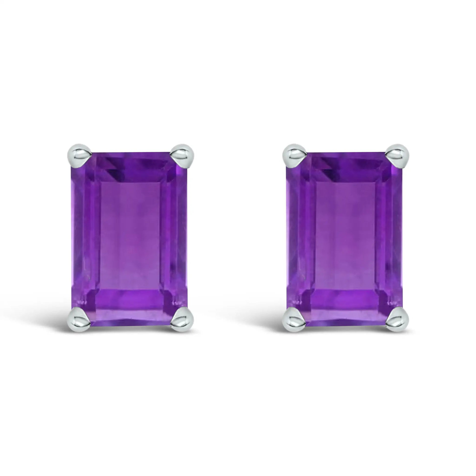 14K White Gold Emerald-Cut Amethyst Solitaire Stud Earrings pair, 6x4mm purple stones on Tampa Home & Garden Store