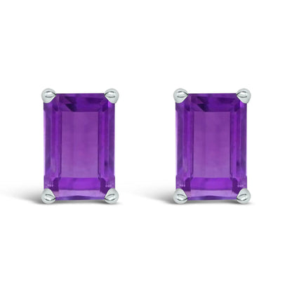 14K White Gold Emerald-Cut Amethyst Solitaire Stud Earrings pair, 6x4mm purple stones on Tampa Home & Garden Store