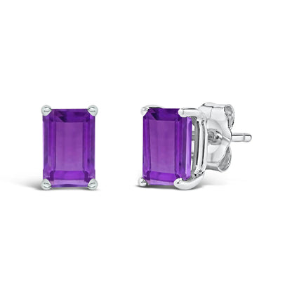 Earrings 14K white gold emerald-cut purple amethyst solitaire studs, 6x4mm, pair on Tampa Home & Garden Store