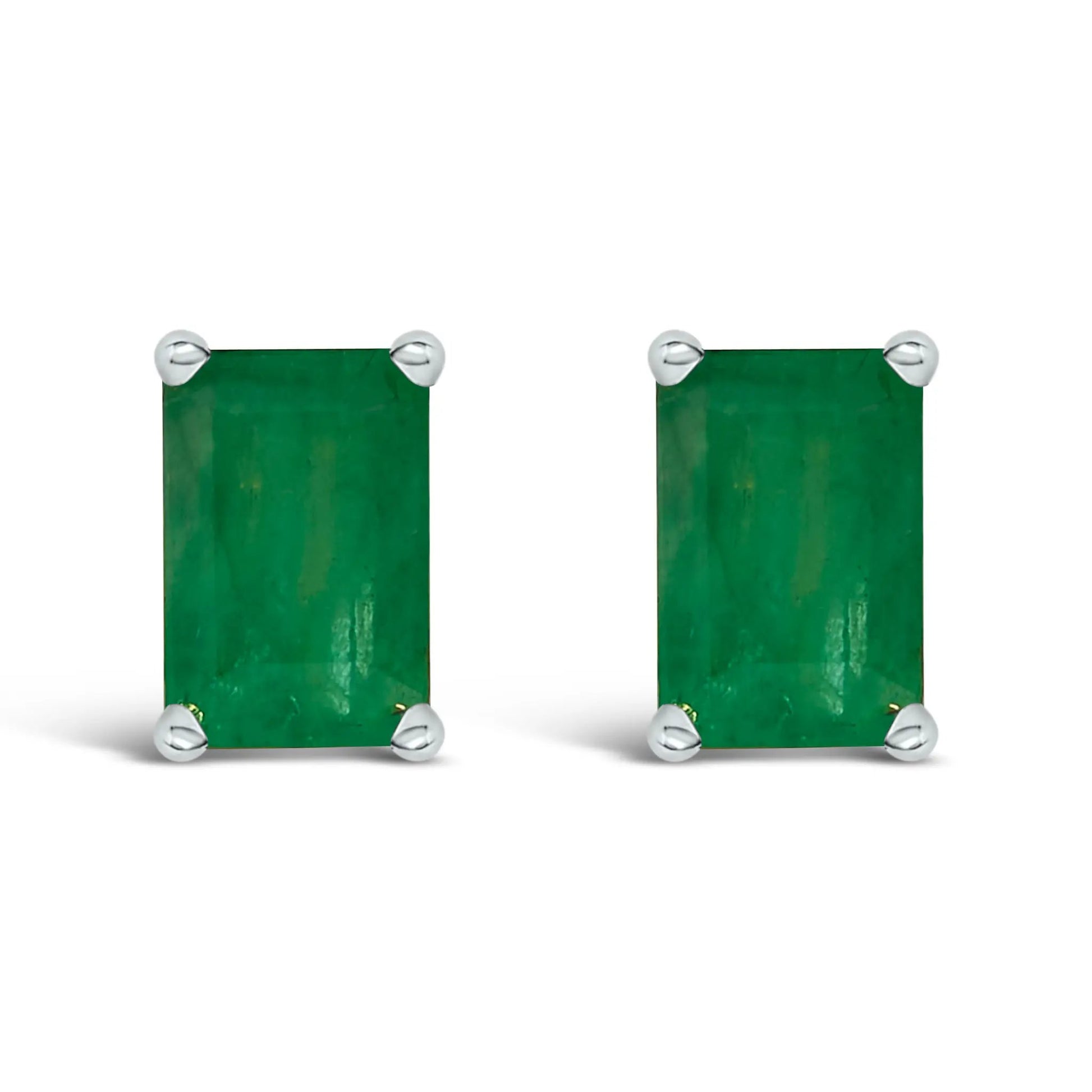 Emerald-cut green gemstone stud earrings in silver prong settings, pair shown on Tampa Home & Garden Store