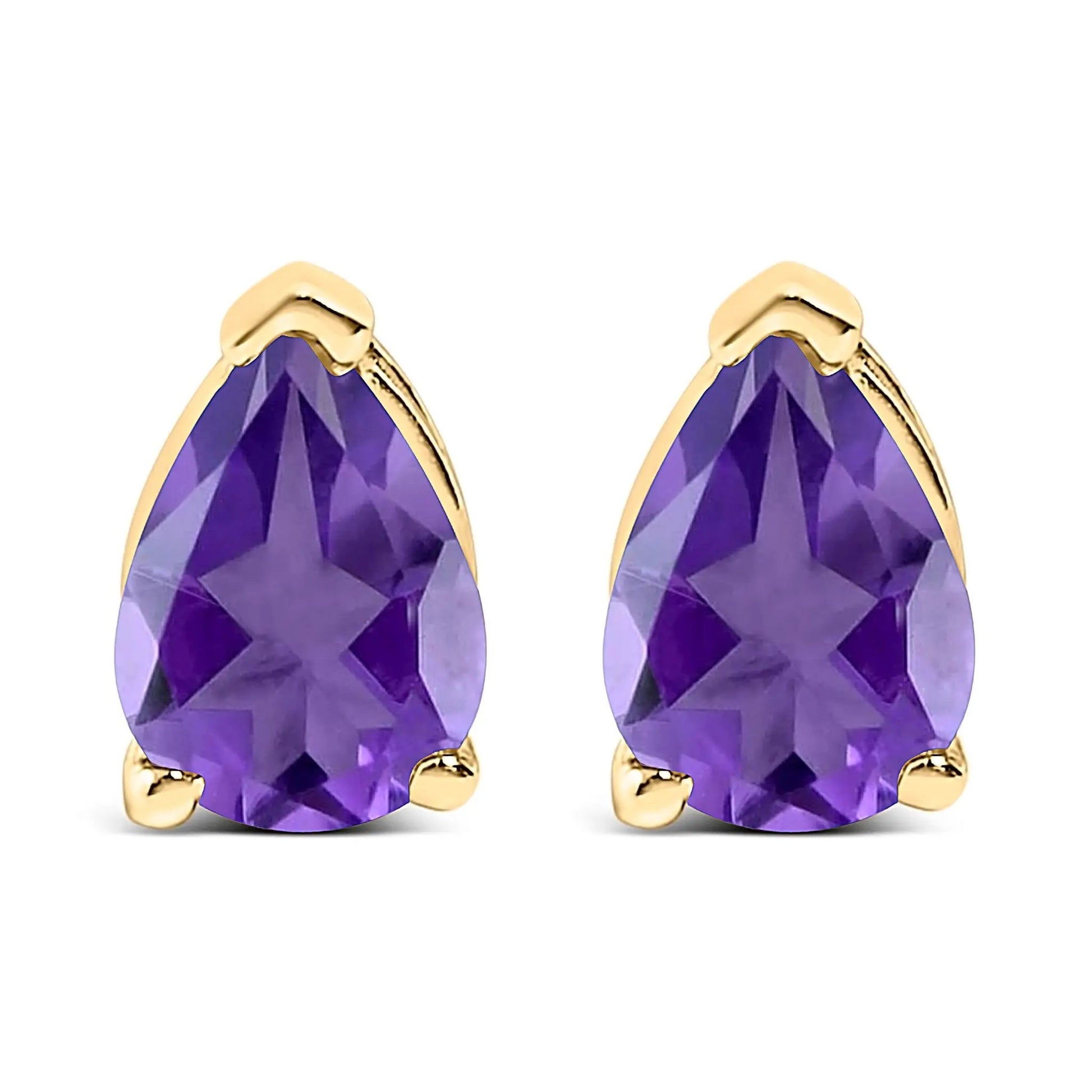 Pair of pear-shaped purple amethyst stud earrings with gold-tone prong settings on Tampa Home & Garden Store