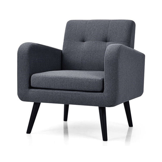 Sillón decorativo de lino gris tapizado, estilo moderno de mediados de siglo con patas de madera