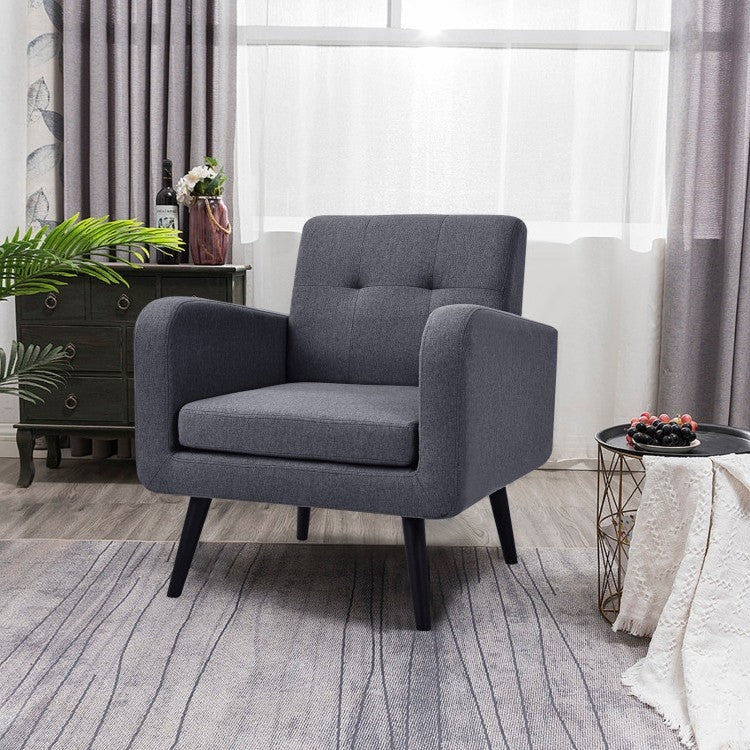 Sillón decorativo de lino gris tapizado, estilo moderno de mediados de siglo con patas de madera