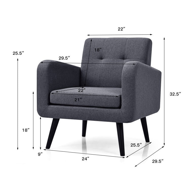 Sillón decorativo de lino gris tapizado, estilo moderno de mediados de siglo con patas de madera