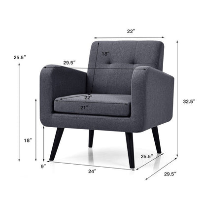 Sillón decorativo de lino gris tapizado, estilo moderno de mediados de siglo con patas de madera