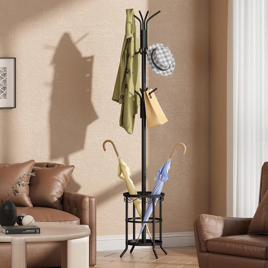 Black Metal Entryway Coat Rack Hall Tree with Umbrella Stand - Tampa Home & Garden Store