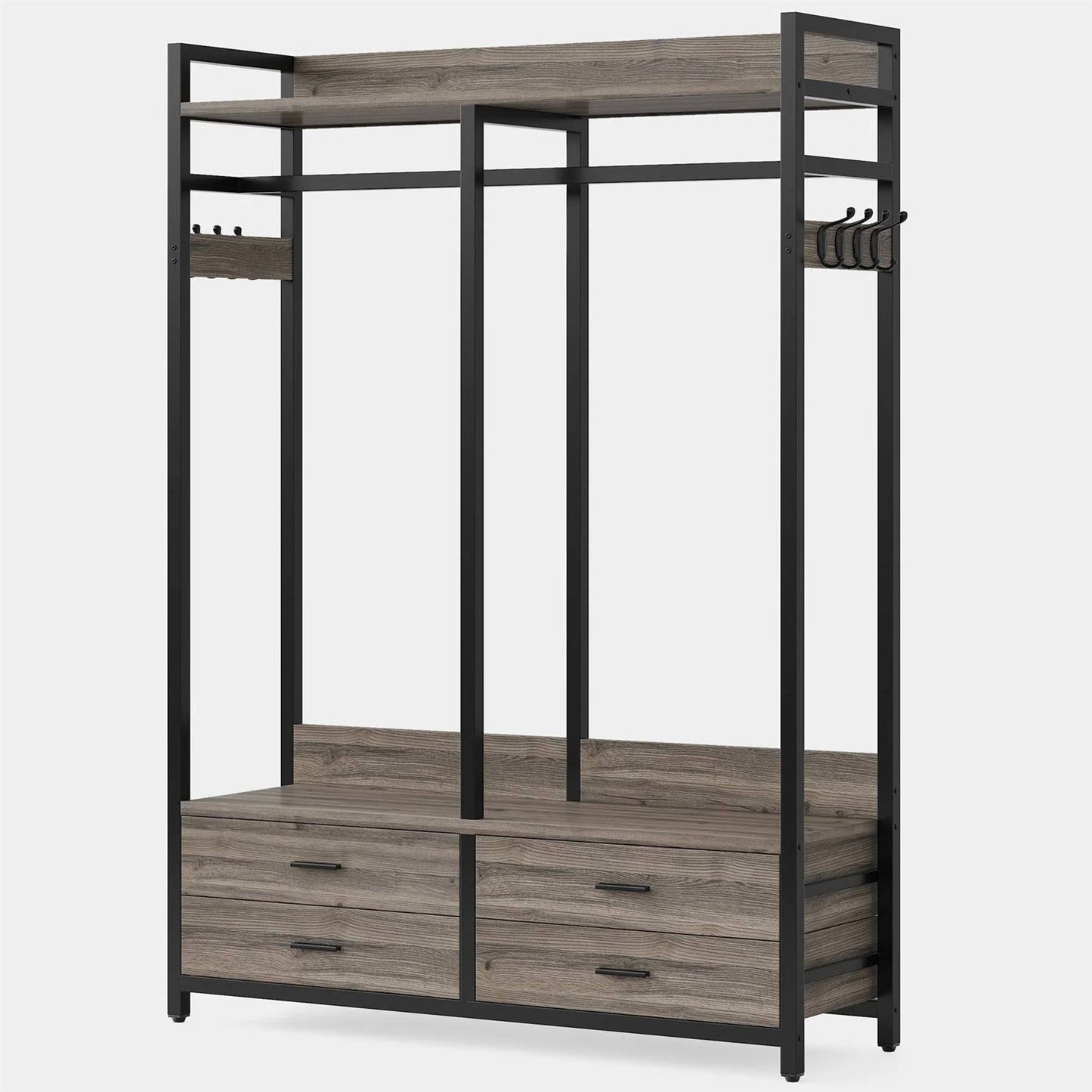 Perchero Moderno Gris y Negro con Barra para Colgar Ropa y 4 Cajones de Almacenamiento