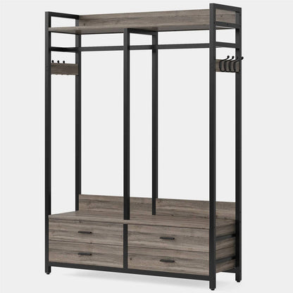 Perchero Moderno Gris y Negro con Barra para Colgar Ropa y 4 Cajones de Almacenamiento