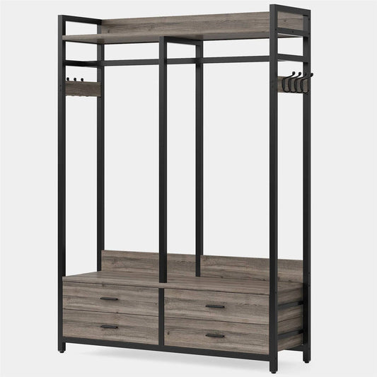 Perchero Moderno Gris y Negro con Barra para Colgar Ropa y 4 Cajones de Almacenamiento