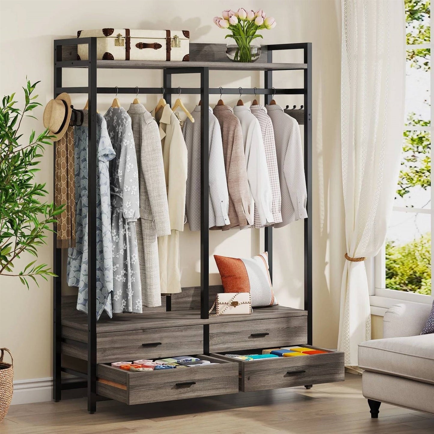 Perchero Moderno Gris y Negro con Barra para Colgar Ropa y 4 Cajones de Almacenamiento
