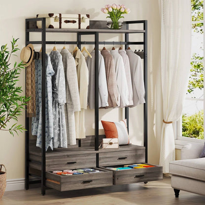 Perchero Moderno Gris y Negro con Barra para Colgar Ropa y 4 Cajones de Almacenamiento