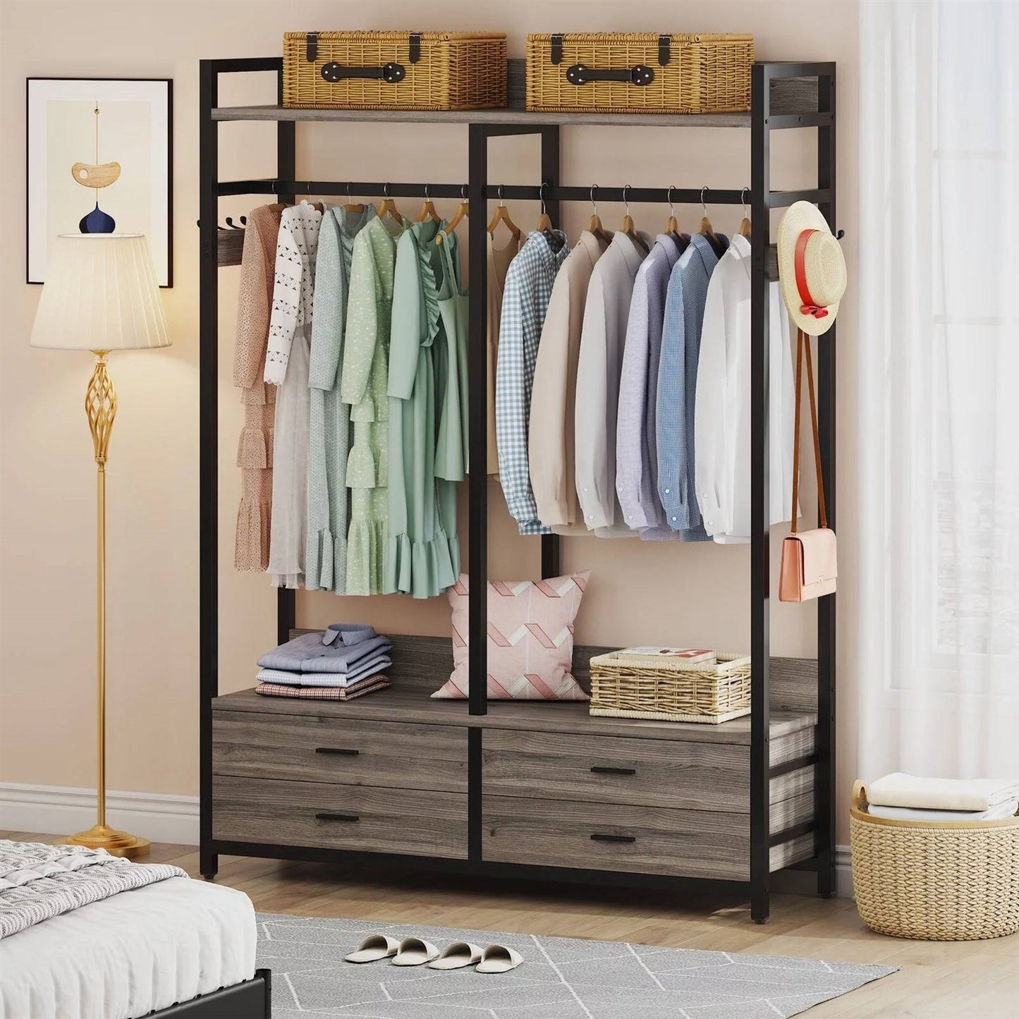 Perchero Moderno Gris y Negro con Barra para Colgar Ropa y 4 Cajones de Almacenamiento